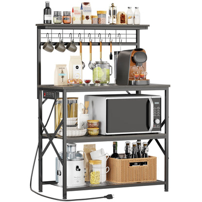 Furologee Kitchen Bakers Rack with Power Outlet, Microwave Oven Stand with Storage 4 Tiers, Coffee Bar Table with 6 S Hooks, Kitchen Storage Shelf Rack for Spices, Pots, Rustic Brown