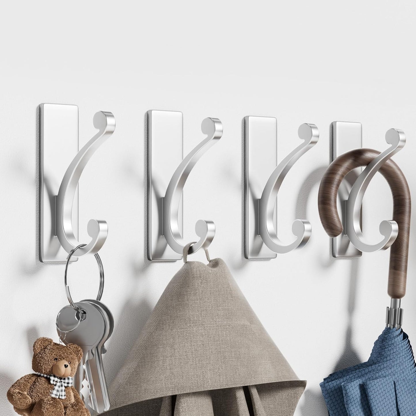 Adhesive Wall Hook for Towel/Coat, Extra Sticky 10LB Stainless Stick on Hanger for Bath or Shower, Matt Silver 4-Pack