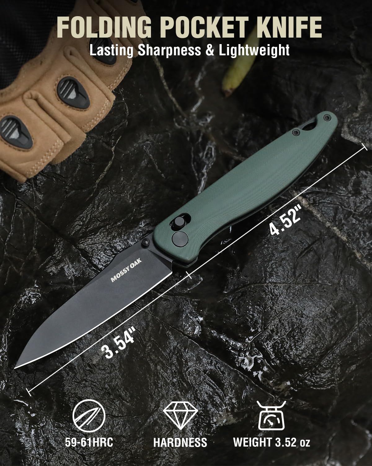 Mossy Oak Folding Pocket Knife, 3.54" D2 Steel Blade with G10 Handle, EDC Folding Knife with Pocket Clip, Suitable for Camping, Tactical, Survival, Hiking and Hunting