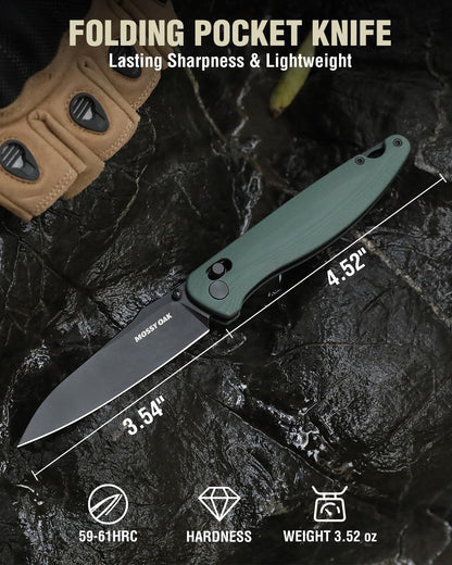 Mossy Oak Folding Pocket Knife, 3.54" D2 Steel Blade with G10 Handle, EDC Folding Knife with Pocket Clip, Suitable for Camping, Tactical, Survival, Hiking and Hunting