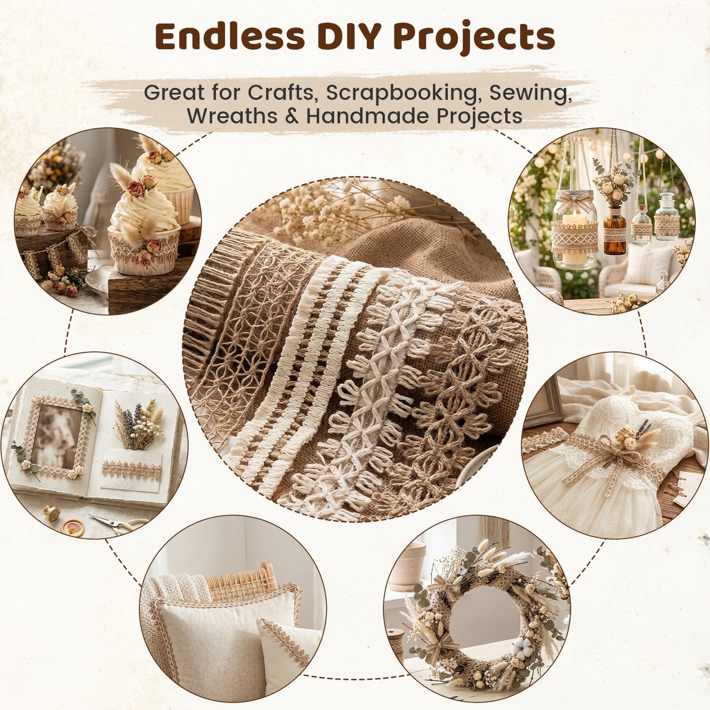 VGOODALL 7 Rolls Burlap Ribbon, Natural Jute Ribbons Lace Mesh Wedding Trim Decor, for DIY Wrapping Gifts Holiday Party Decorations