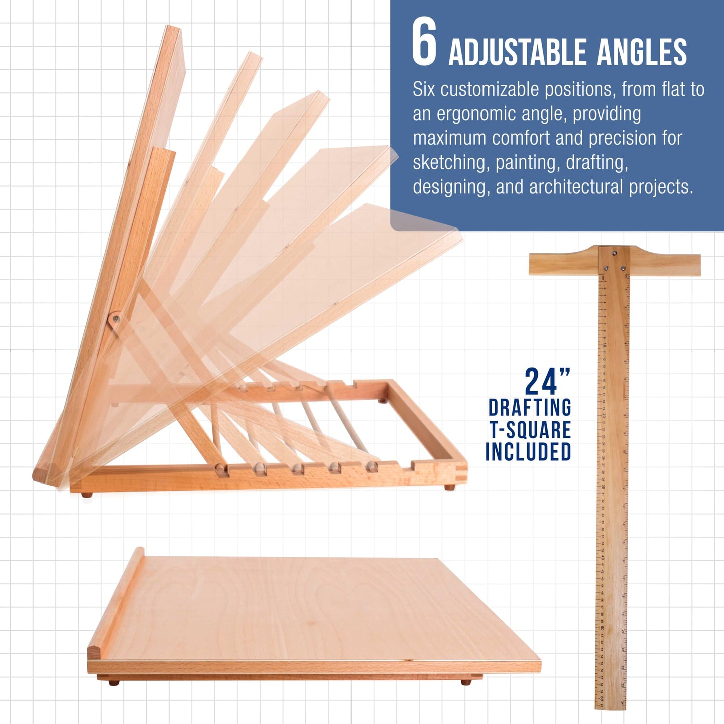 U.S. Art Supply X-Large 26" x 21" Wooden Drawing Board, Adjustable Table Top Easel for Painting and Drawing - Drafting Board with T-Square, Pencil Ledge
