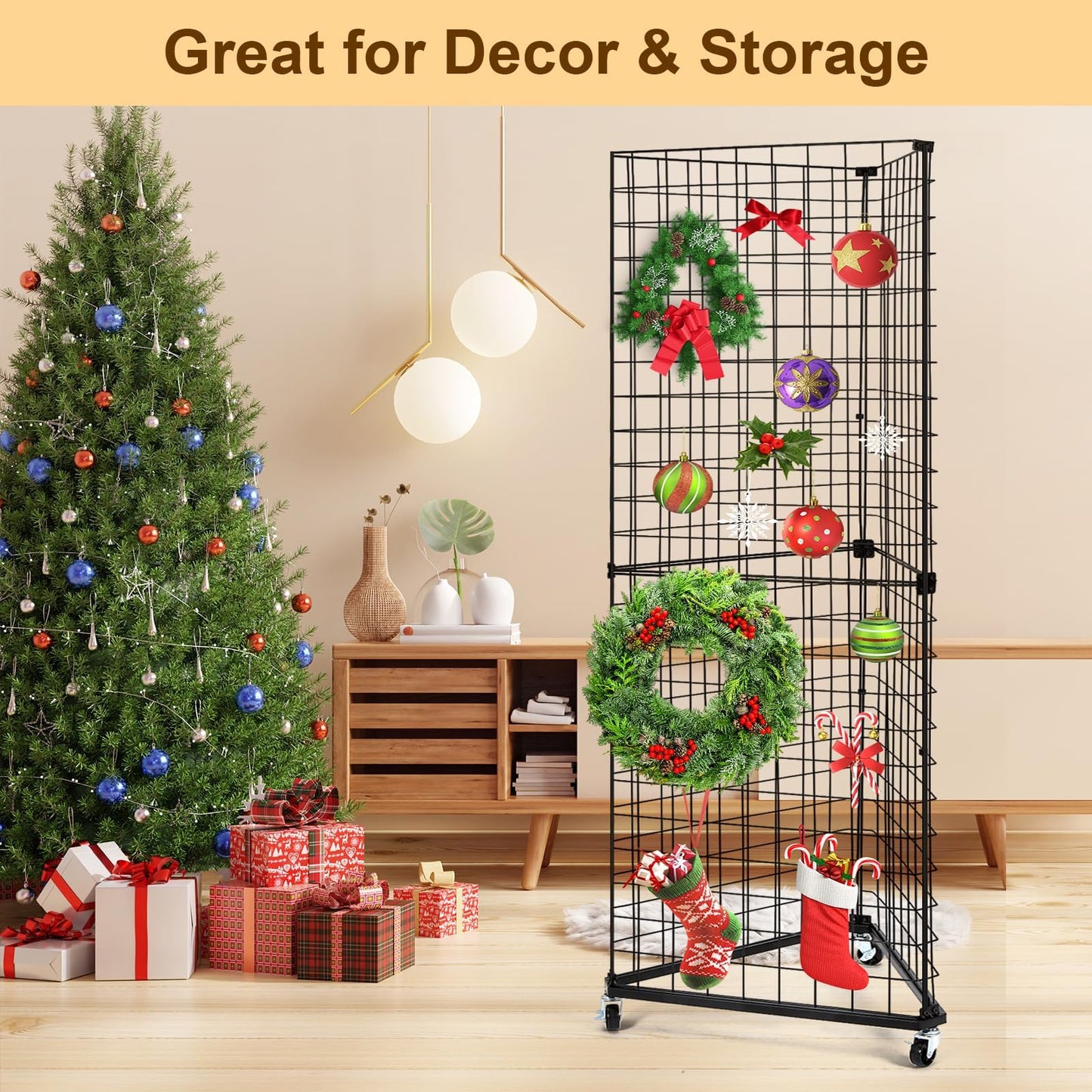 GADFISH Triangular Gridwall Panel Display Stand, Black Triangle Wire Grid Tower with Base and Casters, 24" x 68" Rolling Grid Wall, Panel Stand for Home Organization, Retail, Trade Show, Vendor