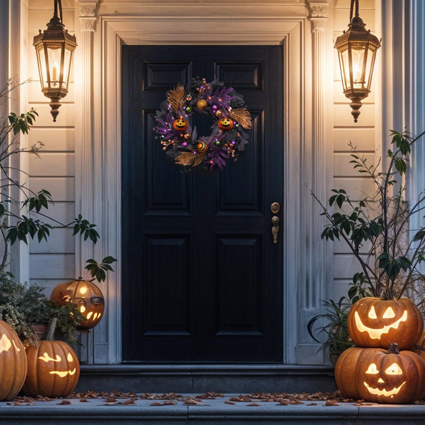 Valery Madelyn 18 Inch Halloween Wreath for Front Door with Lights, Pre-Lit Fall White Pumpkin Skull Wreath Pink Roses Halloween Decorations for Home Porch Table Centerpiece Party Holiday Autumn Decor