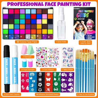 Trandpter 54 Color Face Painting Kit for Kids, Non-Toxic Face Paint Makeup Kit| with Stencil, Guide Book, Easy to Use and Washable Facepaint Makeup Kit for Halloween, Cosplay, School Event