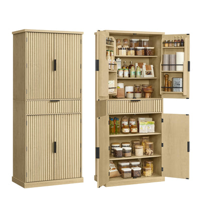 VASAGLE MAXE Collection - Pantry Cabinet, 70.6-Inch Tall Storage Cabinet with Drawer, 6 Adjustable Shelves, 2 Cabinets, Fluted Doors, Mid Century Modern, for Kitchen Living Room, Oak Beige UBBK365Y01