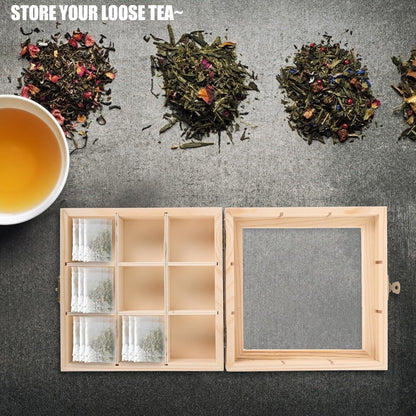 FAVOMOTO Multi-Compartment Countertop Holder, Wooden Tea Storage Box with 9 Divided Sections for Tea Bags and Seasoning