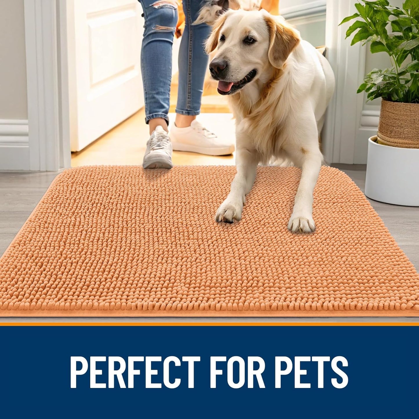 OLANLY Dog Door Mat - Absorbent Non-Slip Washable Doormat for Muddy Paws | 32x20 Inches, Quick Dry Chenille, Orange