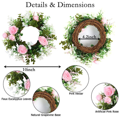 Acmee 4 Pcs Rose Candle Rings - Artificial Pink Floral Wreaths with Eucalyptus Leaves Greenery Garland for Pillar Candleholders Wedding Centerpiece Party Home Table Decor
