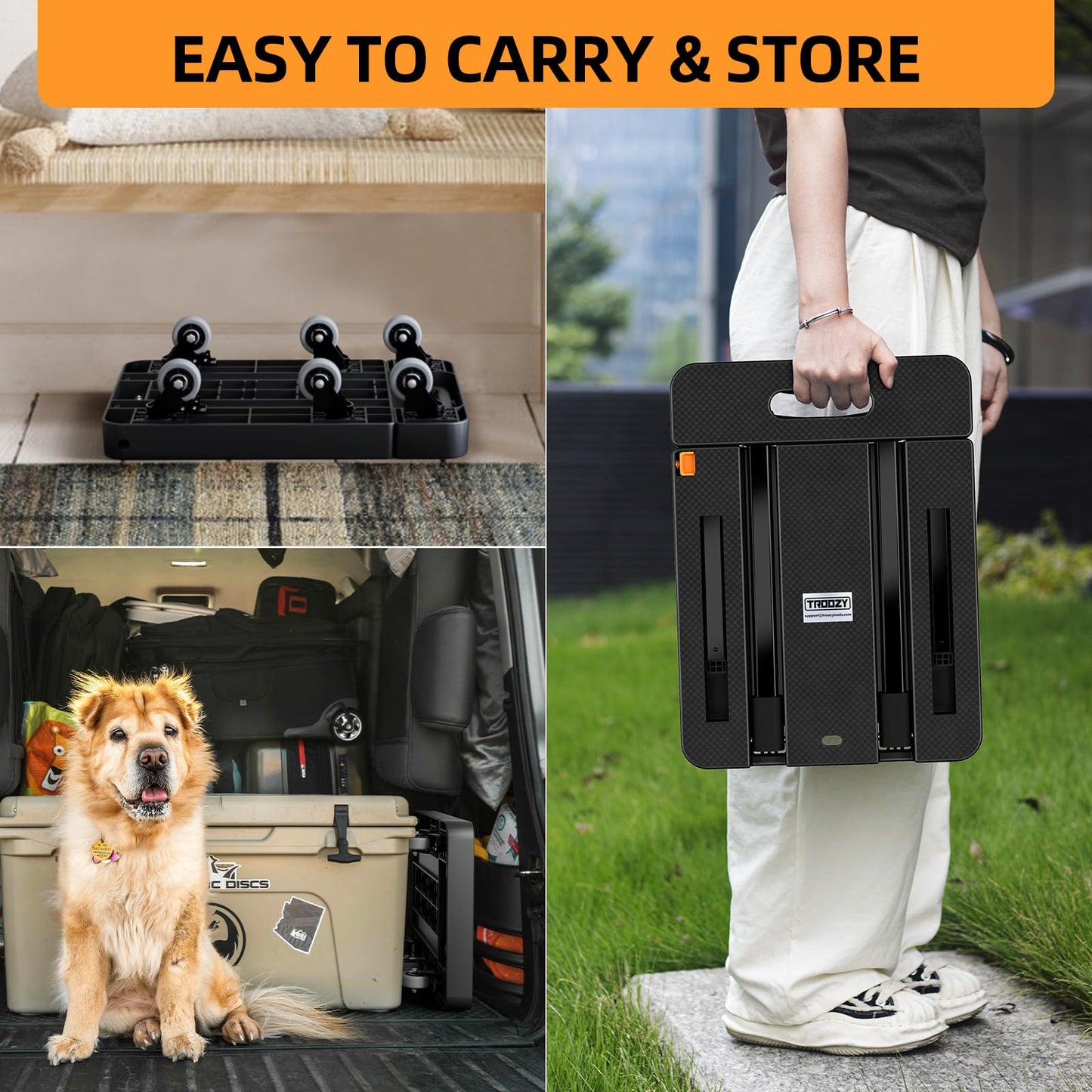 Folding Hand Trucks, Heavy Duty Dolly Cart with 6 Wheels & 2 Elastic Ropes, Foldable & Ideal for Luggage, Travel, Moving, Shopping, Office Use, Hold Up to 500 LB, Easy to Store, Black