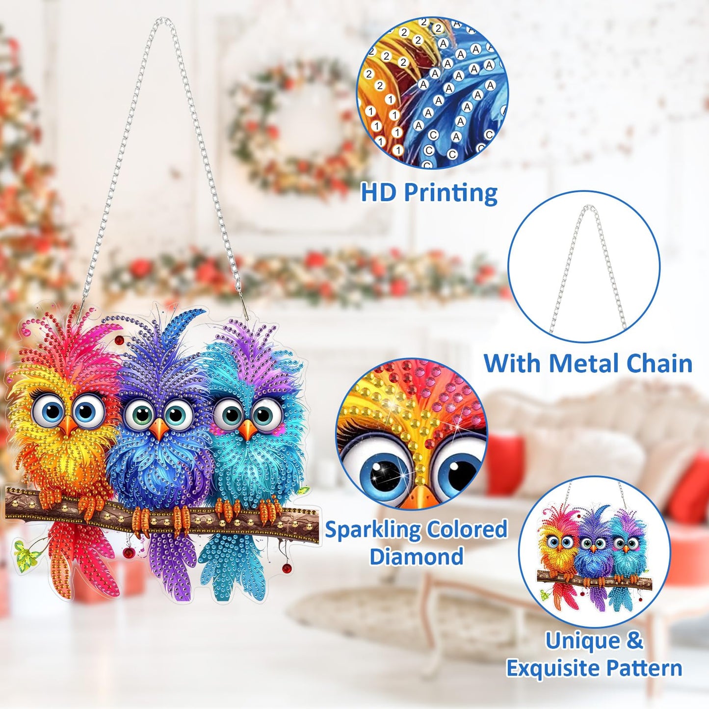 SENQAO Bird Diamond Art Hanging Kits for Adults Kids, Double Sided DIY Acrylic Diamond Art Painting Window Pendants Home Garden Wall Hanging Kits Hanging Ornament