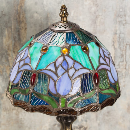MIAOKE Stained Glass Table Lamp,Stained Glass Crystal Bead Style Table Light, Handmade Desk Bedside Night Light, Antique Art Craft Gifts Lover Living Room Bedroom Bookcase(Blue Tulips)