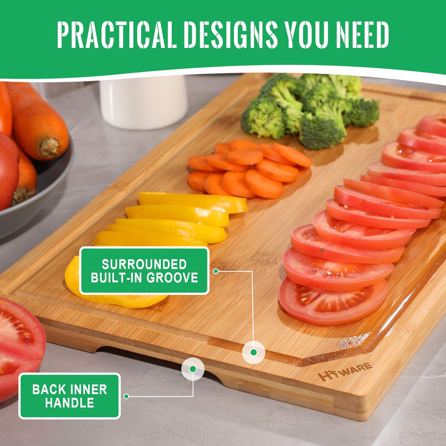 Hiware Extra Large Bamboo Cutting Board for Kitchen, Heavy Duty Wood Cutting Board with Juice Groove, 100% Organic Bamboo, Pre Oiled, 18" x 12" x 0.6"