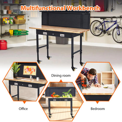 GarveeTech 60 in Heavy-Duty Adjustable Workbench with 2 Drawers & Pegboard - 2000 LBS Capacity, 4 Rolling Wheels, Rubber Wood Tabletop for Garage, Workshop, Home Office, Black