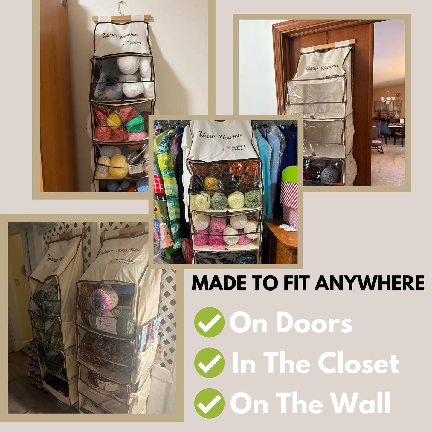 Everything Crochet Yarn Heaven Storage Organizer – Over The Door & Closet Hanging Yarn Bag for Crochet & Knitting, Skein Holder Holds 200+ Skeins with Clear Pockets for Yarn Stash, Hooks & Needles