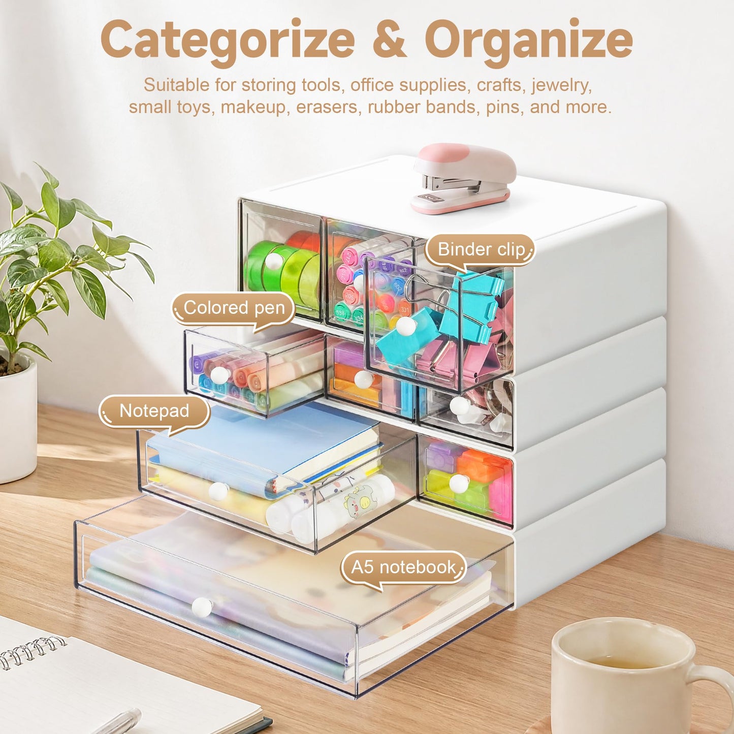 AZ. MIFENO Desk Organizer with 9 Drawers, 4 Tiers Stackable Storage Drawers, Desktop Storage Box with Clear Drawers for Stationery, Makeup, Jewelry, Office and Craft Supplies (White)