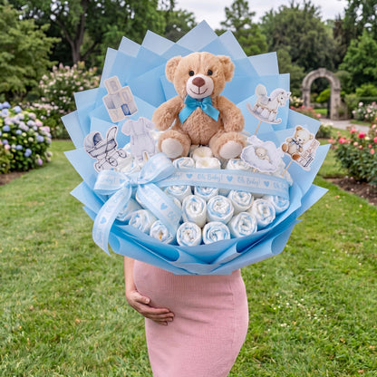 Pinkunn 66pcs Teddy Bear Bouquet DIY Kit Accessory New Mom Gift Newborn Gender Reveal Baby Shower Supplies Flower Making Essentials Decorations with Teddy Bear Light Blue Ribbon Wrapping Paper Cards