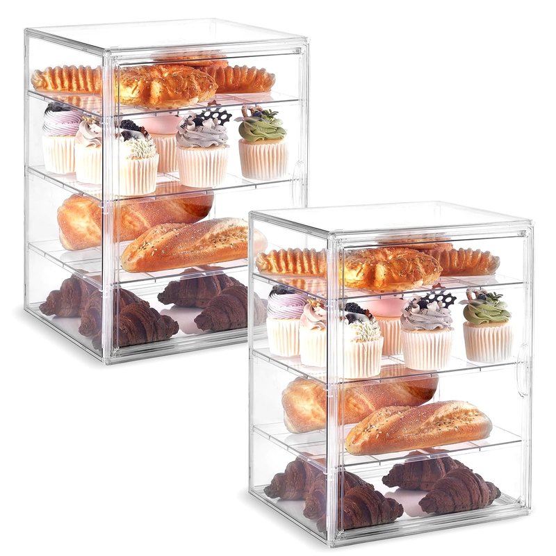ToBeAce Pastry Display Case, Large Bread Box for Kitchen Countertop, 4 Layers Adjustable Bakery Display Case, Clear Breadbox for Baked Goods Cookie Dessert Cupcake Kitchen Counter, 2 Pack