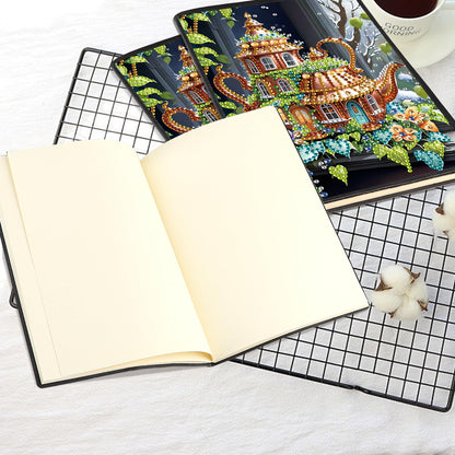 JISHSHAY Diamond Art Notebook Journal Diamond Painting Note Book Gem Art Sketchbook Gem Painting Blank Notebook Mosaic Kits for Adults Diary with Special Shape Drills 14.5×21cm/5.7×8.26in Teapot House