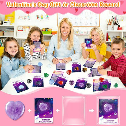 iMopo 28 Pcs Valentines Day Gifts for Kids Classroom - Heart Gemstones with Valentines Cards Goodie Bags, Crystal Rocks Bulk Exchange Party Favors for Girls Boys, School Teacher Prizes