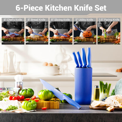 Mealia Kitchen Knife Set with Block, 6-Piece Non-stick Stainless Steel Sharp Knives Set for Precision Cutting with Universal Knife Block for Kitchen, Ergonomic Design & Dishwasher Safe, Purple