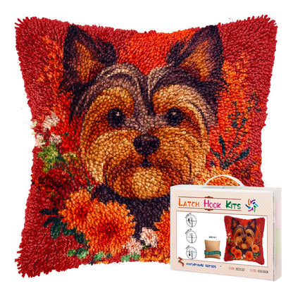 DIY Latch Hook Pillow Kits for Adults Yorkshire Terrier Dog in Flowers Printed Pillowcase Crochet Yarns Hooking Handmade Pillow Cover Cushion for Home Sofa Decoration 17x17inch-7