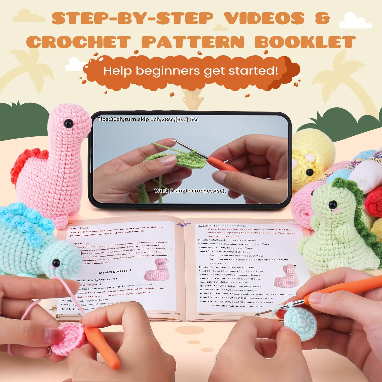 Crochetta Crochet Kit for Beginners, Crochet Starter Kits for Adults, Amigurumi Craft Knitting Crocheting Kits with Step-by-Step Video Tutorials, 6 Pc Hanging Potted Plants Family(40%+ Yarn