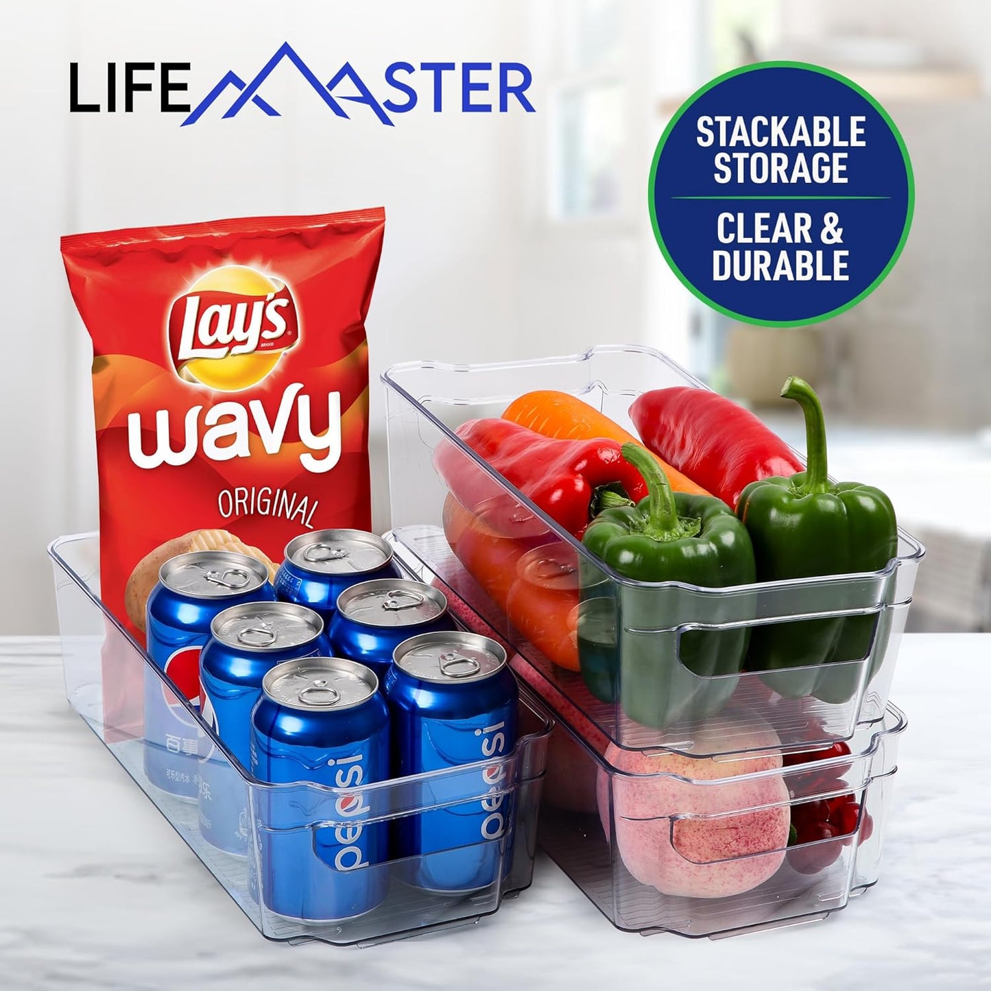 Multi-Purpose Refrigerator Bins - 8 Pieces Stackable Design Fridge Bin Organizer with Easy Grip Handles, Clear