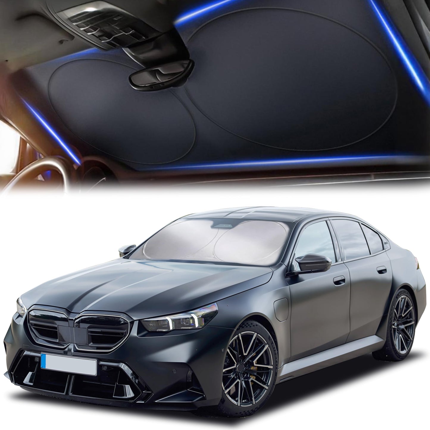 Windshield Sun Shade for Car, SUV & Truck – Patented Design Blocks 99% UV Rays & Heat | 240T Reflective Polyester Sunshade with Storage Bag | Keeps Vehicle Interior Cool | Universal Fit S(59" x 29")