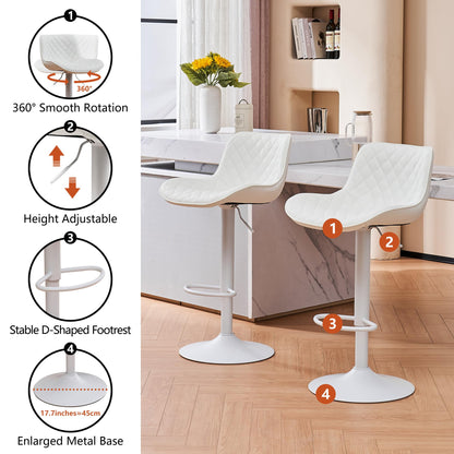 YOUTASTE All White Bar Stools Set of 2, Upholstered Counter Height Bar Stool, Adjustable Swivel Faux Leather Barstools, with Padded Back, Metal Base, Kitchen Chairs for Home Island