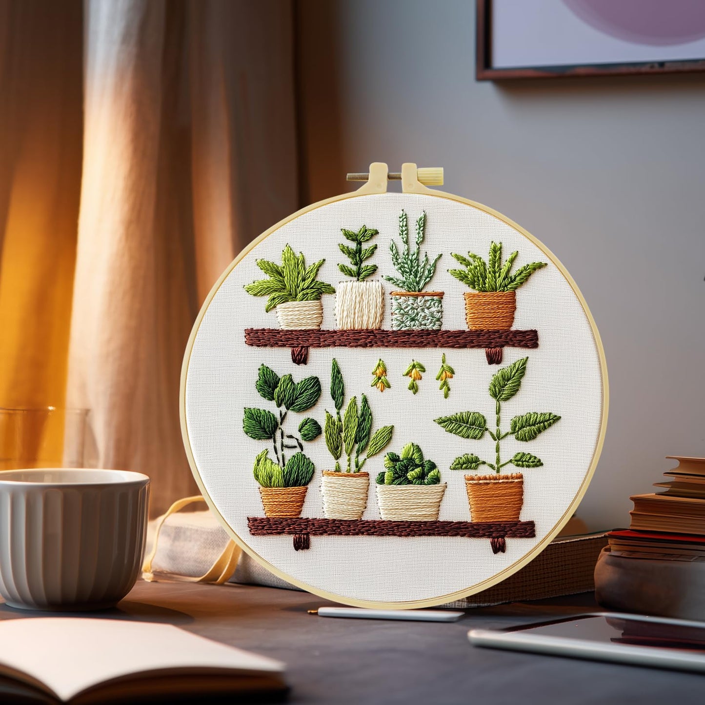 JOZYSH Full Range Embroidery Kit for Adult, Green Plant Pattern Embroidery Kit for Beginners Include Embroidery Cloth Hoops Threads for Craft Lover Hand Stitch with Embroidery Skill Techniques
