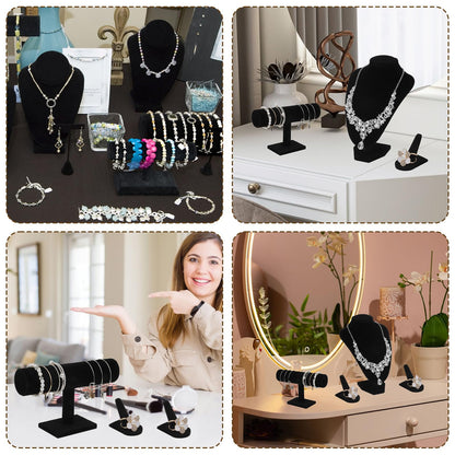 4 Pcs Jewelry Display Set Velvet Necklace Display Stand Jewelry Bust Displays T Bar Bracelet Holder 2 Ring Organizer For Vendors Selling Craft Shows Home Store Trade Show Black