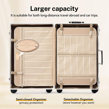 universal trotter Vintage PU Leather Luggage Set, Retro Trunk Suitcase with Wide Aluminum Frame, TSA Key Locks and Smooth 360° Spinner Wheels (Ivory Signature,26"+12")
