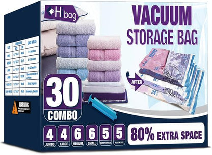 HIBAG Vacuum Storage Bags - 30-Pack Space Saver Seal Bags for Clothing, Comforters & Blankets