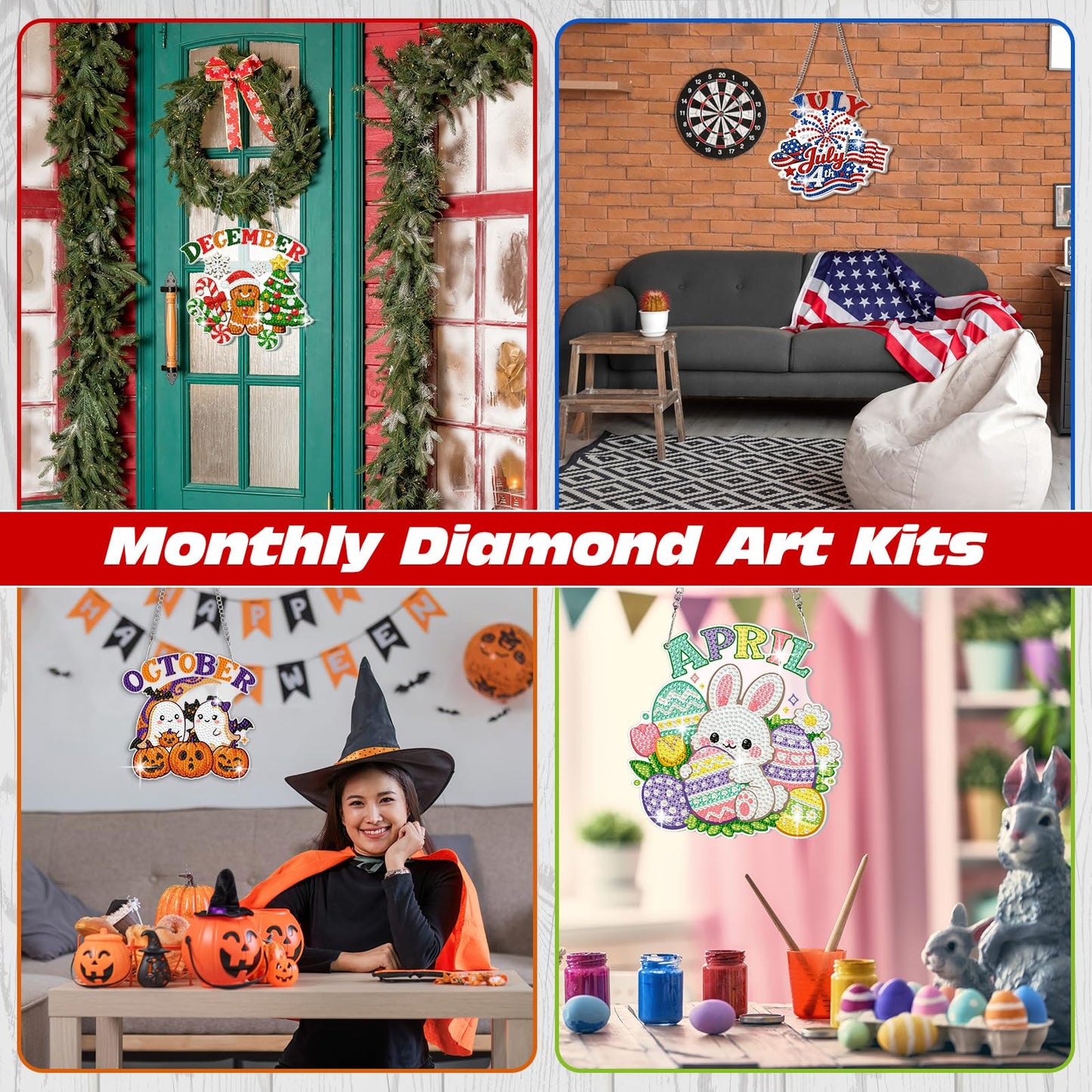 Cinnvoice 12 Pcs Seasonal Diamond Art Wreath Kits Holiday 5d DIY Diamond Painting Signs Germ Hanging Art Ornaments for Wall Door Decorations (Month)