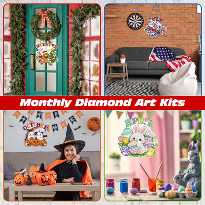 Cinnvoice 12 Pcs Seasonal Diamond Art Wreath Kits Holiday 5d DIY Diamond Painting Signs Germ Hanging Art Ornaments for Wall Door Decorations (Month)
