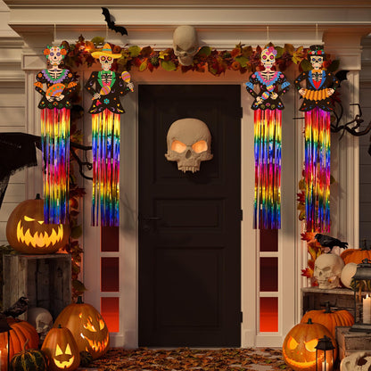 Kigley 8 Pcs Day of the Dead Sugar Skull Hanging Decorations Large Skeleton Dia De Los Muertos Party Decorations Sugar Skull Decor with Tassels Ropes for Halloween Party Outdoor Home 39.4 x 8.7 in