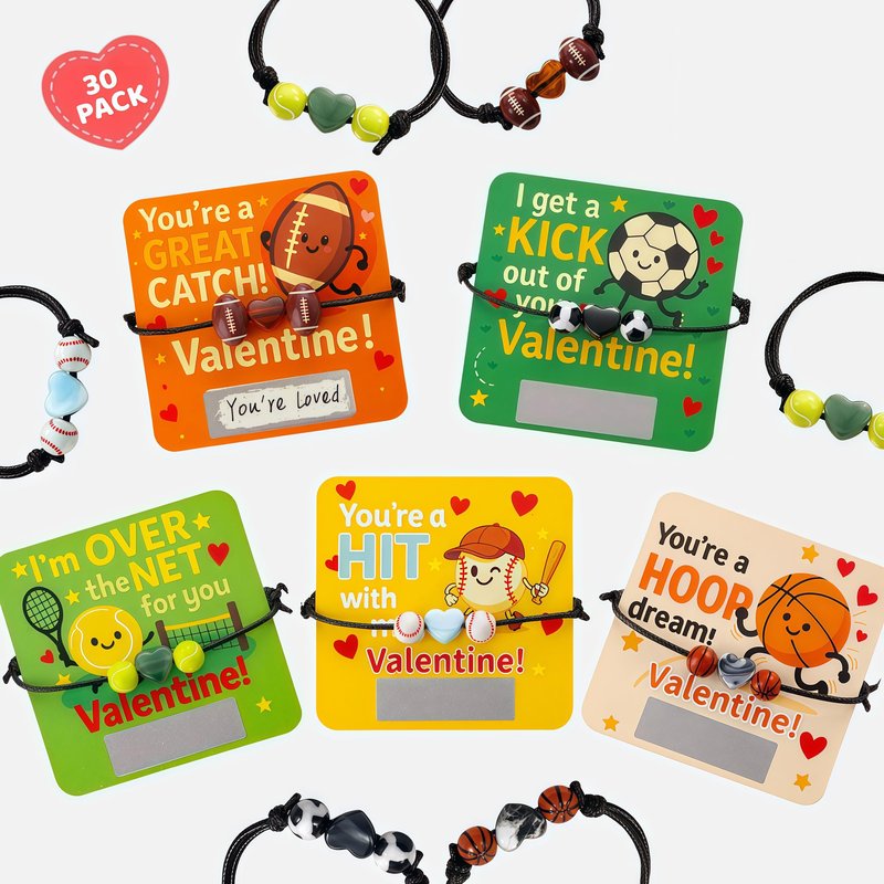 YXILEE Valentine’s Day Gifts for Teens – 30 Pack Sports Valentine Cards with Charm Bracelets & Scratch-Off Notes, Bulk Valentine Exchange Gifts (Football, Soccer, Basketball, Baseball, Tennis)