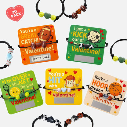 YXILEE Valentine’s Day Gifts for Teens – 30 Pack Sports Valentine Cards with Charm Bracelets & Scratch-Off Notes, Bulk Valentine Exchange Gifts (Football, Soccer, Basketball, Baseball, Tennis)