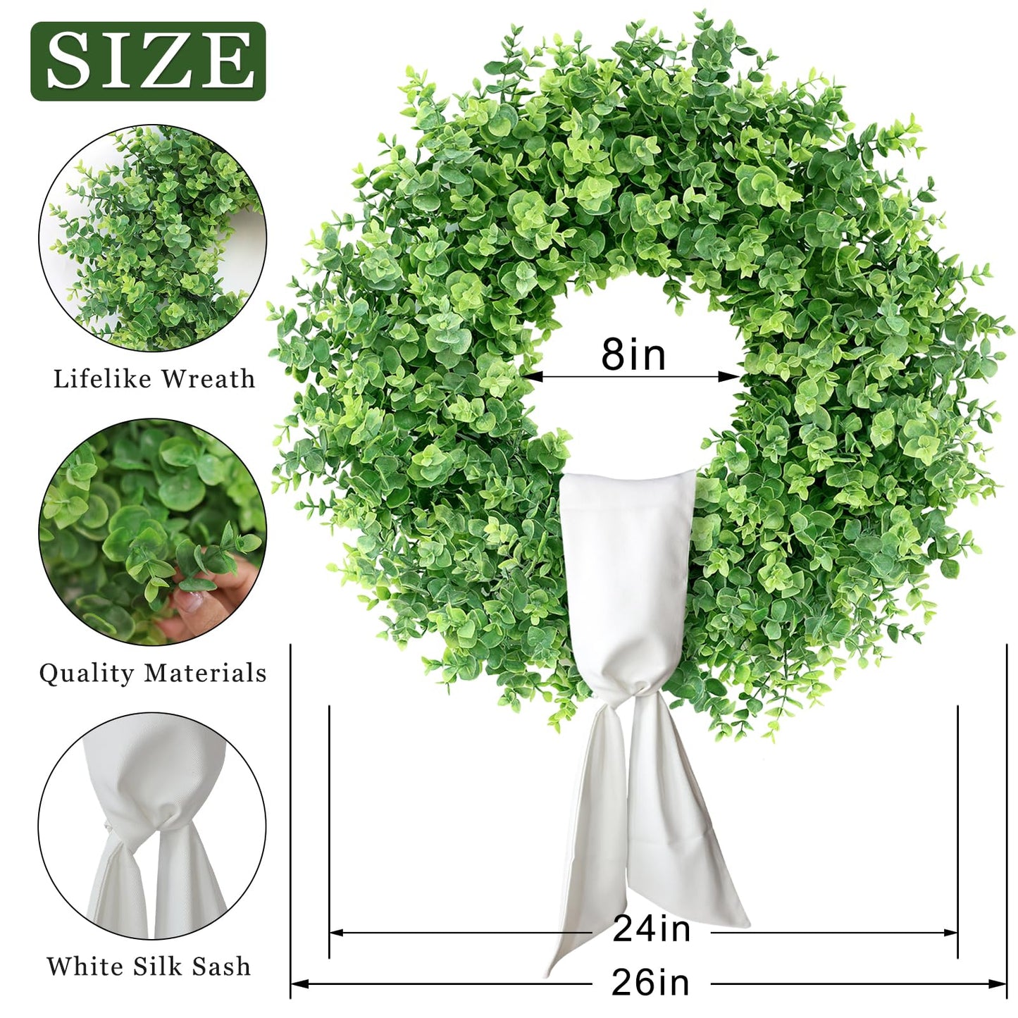 26" Artificial Eucalyptus Wreath with Sash for Front Door, Porch, Window - Large Faux Eucalyptus Leaves Greenery Outdoor Wreath for Home, Farmhouse Decor - Spring, Summer, All Seasons (Green)