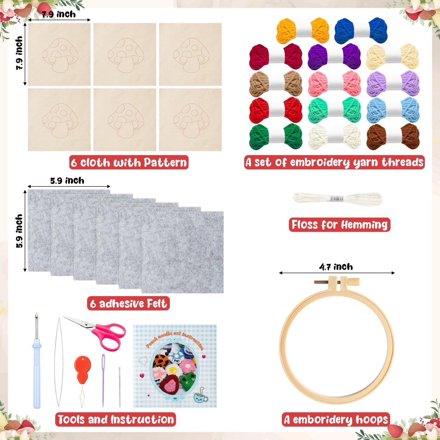 WATINC Punch Needle Coaster Kit - 22PCS Easy Art Work Decor Coasters Kits for Beginners DIY Mushroom Pattern Tufted Rug Pads with Adhesive Felt Yarns Embroidery Hoop Instruction 6 Set