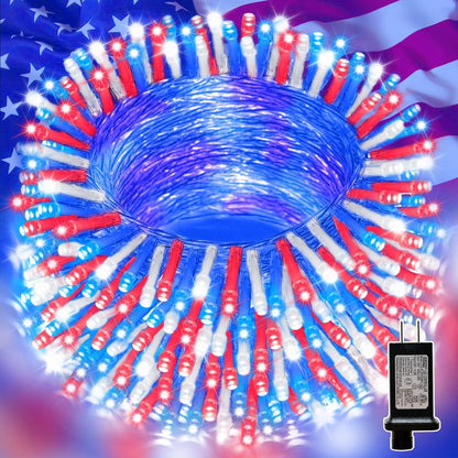 99ft 300LED 16 4th LAMPHOME Red White and Blue Patriotic String Lights, Modes Red White Blue LED Lights Plug
