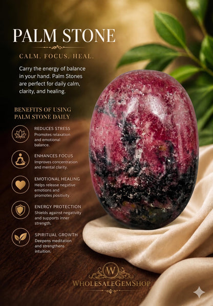 Wholesalegemshop Rhodonite Gemstone Carved Palm Stone/Pocket Palm Stone/Reiki Healing & Crystal Grid for Natural Body Chakra Balancing - Large Palm Stone Crystals