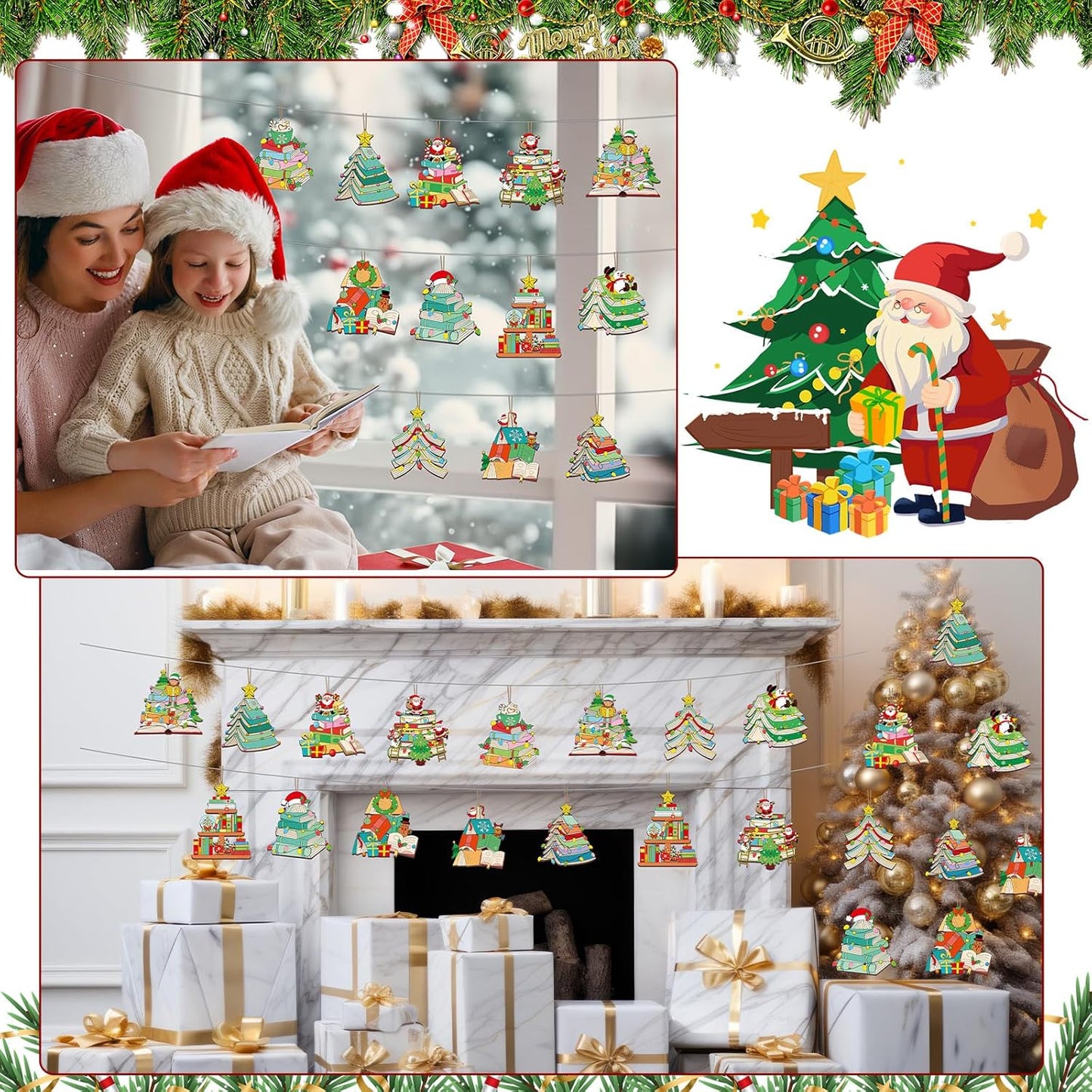 24Pcs Christmas Wooden Book Ornaments Book Lovers Gifts Xmas Tree Reading Ornament Bookshelf Hanging Wood Signs Crafts