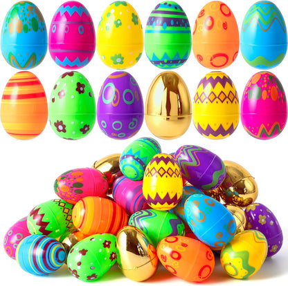 36 3.15" 8 JOYIN Pcs Colorful Printed Eggs Include Golden, Plastic Fillable Empty Eggs for Easter Hunt, Basket Stuffer
