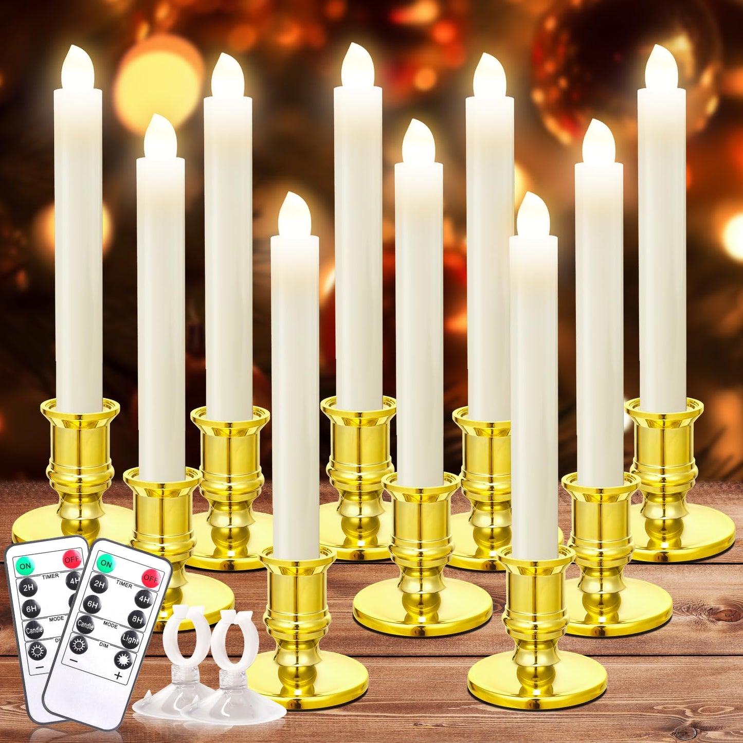 Verdenu 10 Pack Christmas Window Candles, Battery Operated Window Candles with Remote Timer, Electric LED Flameless Candle with Holders/Suction Cups for Window Decor, Gold