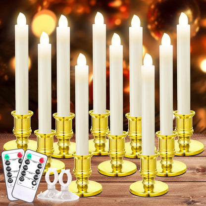 Verdenu 10 Pack Christmas Window Candles, Battery Operated Window Candles with Remote Timer, Electric LED Flameless Candle with Holders/Suction Cups for Window Decor, Gold