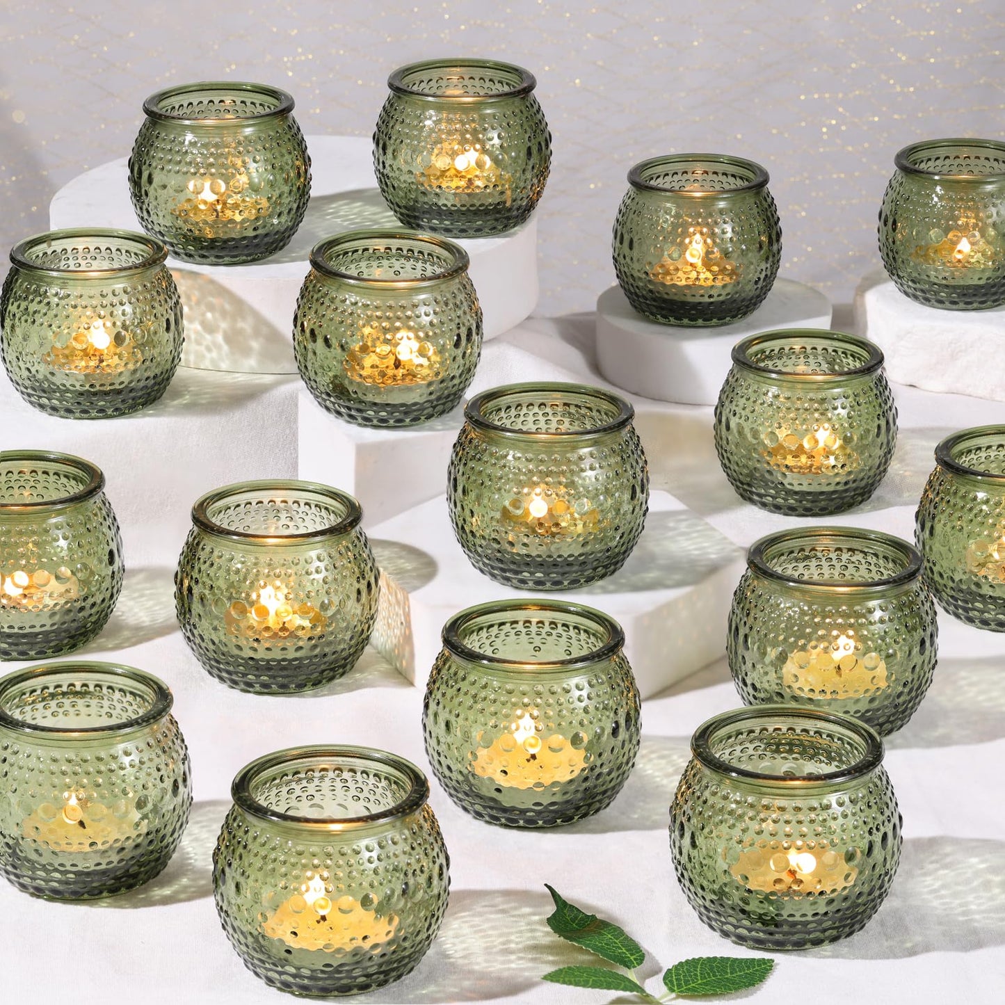 16 Pcs Green Votive Candle Holders, Round Glass Tea Lights Holder with Polka Dot Embossed, Votive Candle Holders for Weddings, Home Decor, Baby Shower, Special Occasions