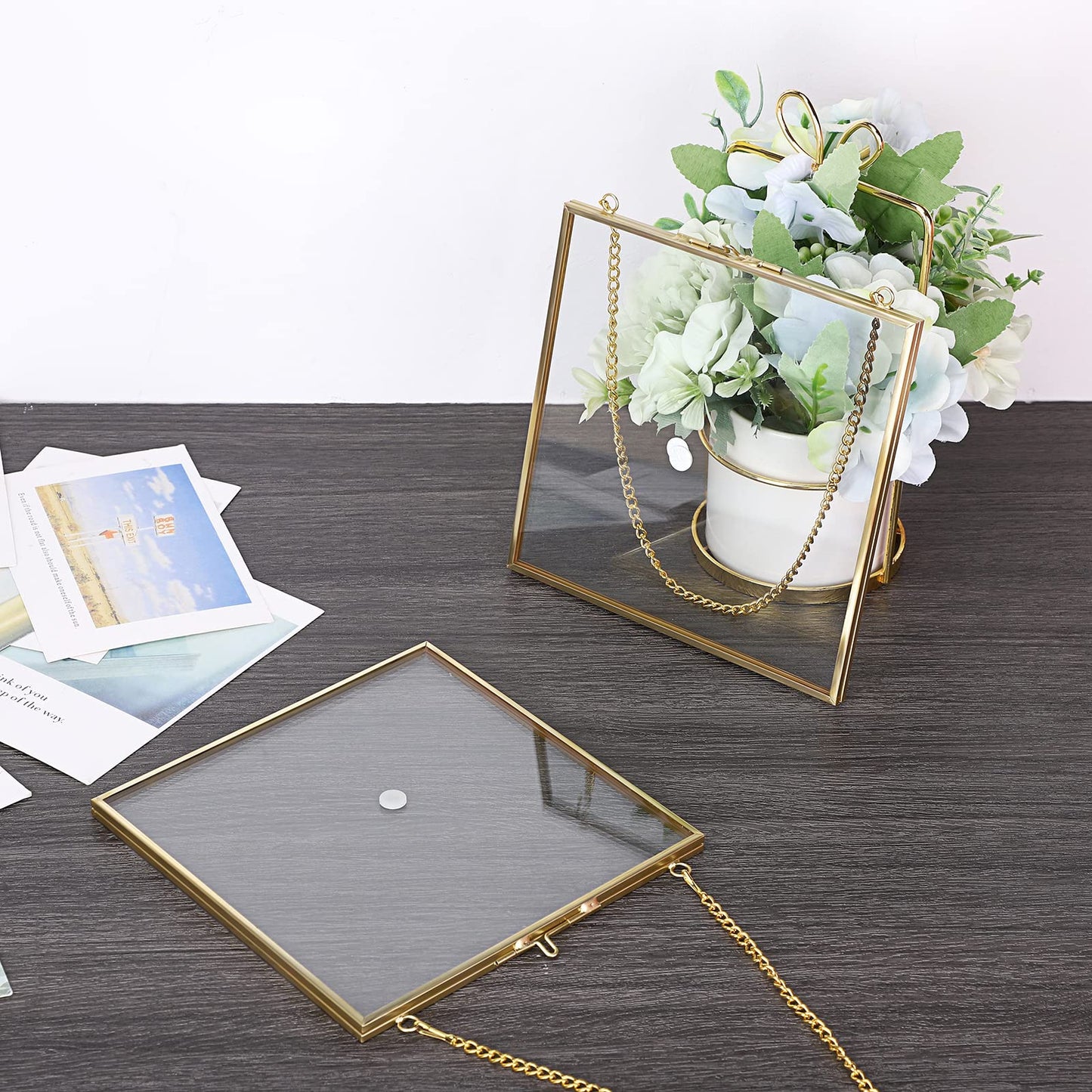 JUXYES 2 Pack Wall Hanging Brass Frame for Pressed Flowers, Glass Floating Frames for Display Dried Flowers Artwork, Double Glass Floating Style Square Gallery Wall Frame for Plants Photo Picture Poster etc