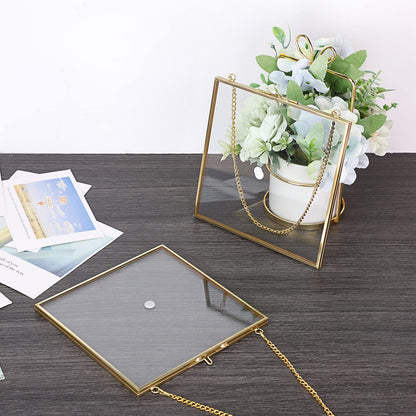 JUXYES 2 Pack Wall Hanging Brass Frame for Pressed Flowers, Glass Floating Frames for Display Dried Flowers Artwork, Double Glass Floating Style Square Gallery Wall Frame for Plants Photo Picture Poster etc